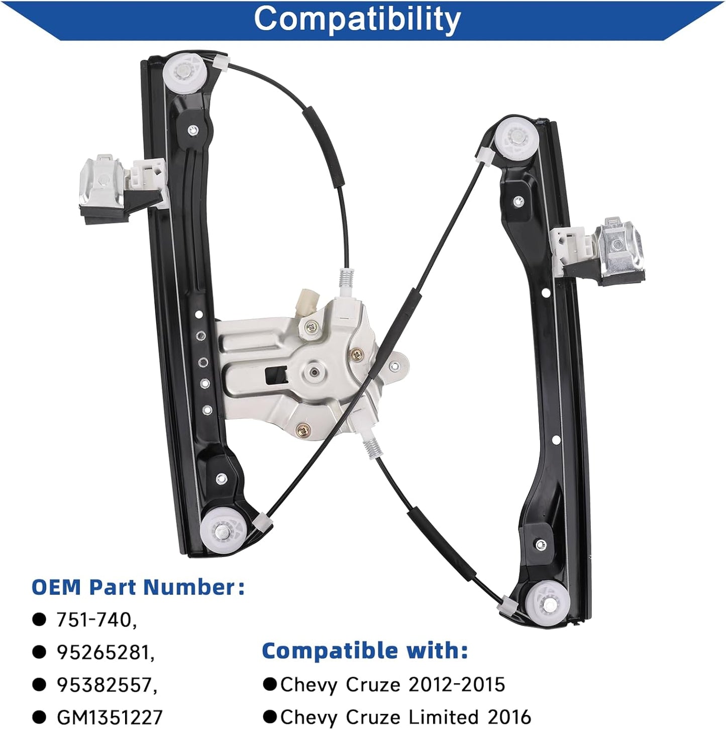 Power Window Lift Regulator with Motor Assembly Front Right Passenger Side Compatible with Chevrolet Cruze 2012-2015/ Chevy Cruze Limited 2016 (2 Pins), Replace OE 751-740