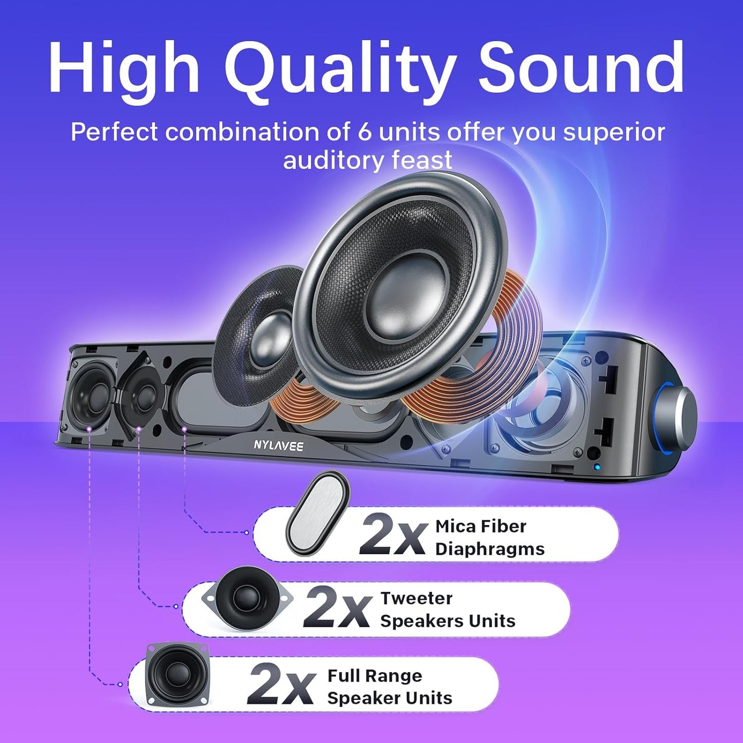 Computer Speakers, HiFi Sound Quality Computer Sound Bar, USB Powered PC Speakers, Bluetooth 5.0 and 3.5mm Aux-in Computer Speakers for Desktop, Laptops, PCs, Phones, Tablets, Xbox, Gaming Speakers (taotronics brand)