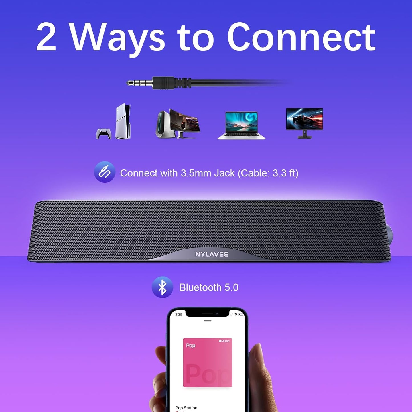 Computer Speakers, HiFi Sound Quality Computer Sound Bar, USB Powered PC Speakers, Bluetooth 5.0 and 3.5mm Aux-in Computer Speakers for Desktop, Laptops, PCs, Phones, Tablets, Xbox, Gaming Speakers (taotronics brand)