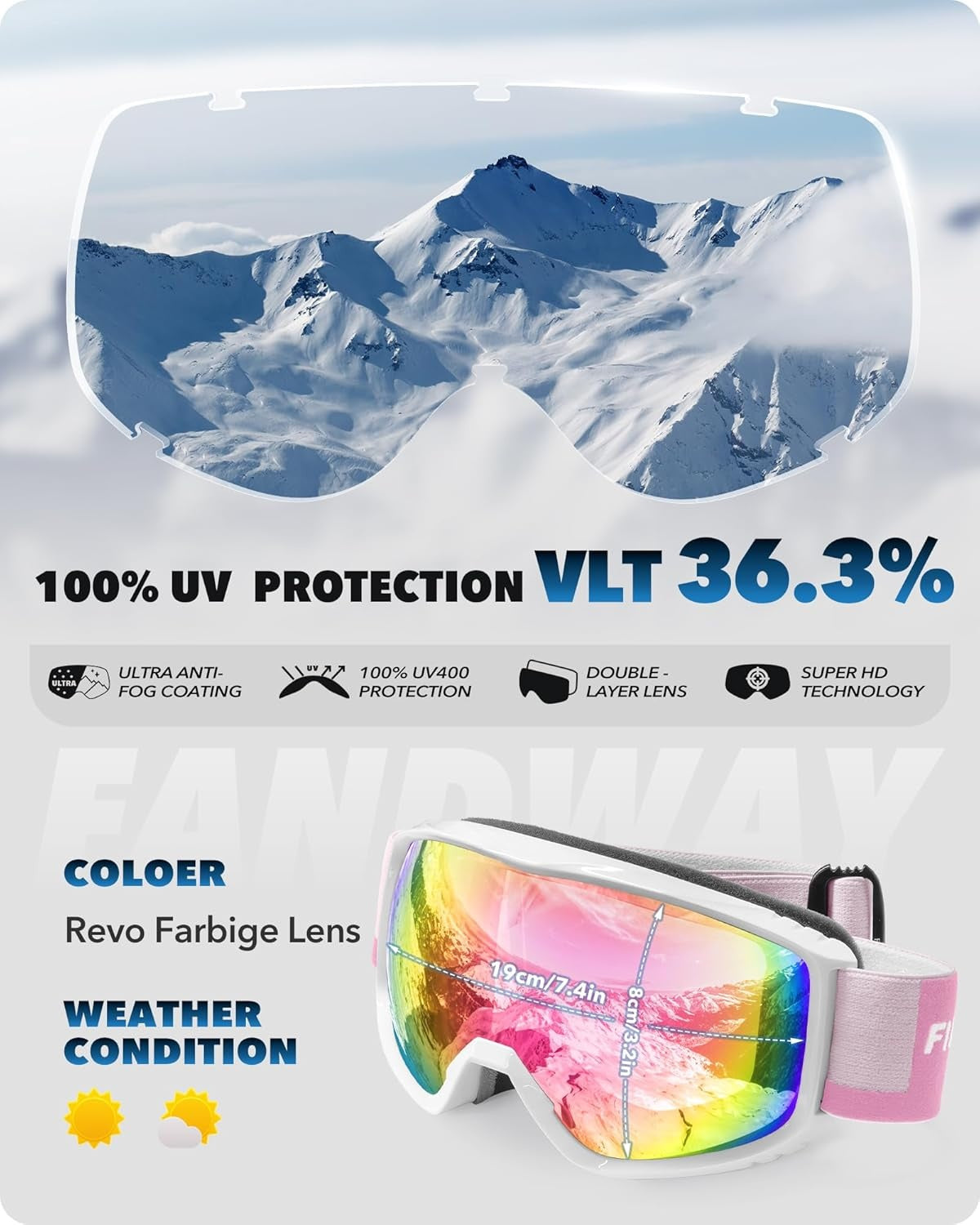 findway OTG Ski Goggles - Over Glasses Snow Snowboard Goggles for Men Women Adult & Youth - Anti-Fog 100% UV Protection