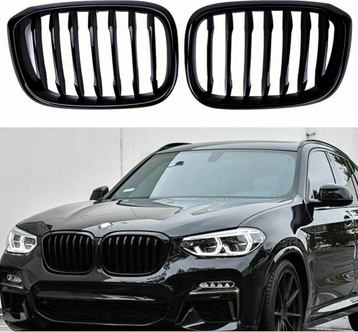 Black Performance Style Kidney Grille Compatible with X3 X4 2018-2021 G01 G02 Front Hood Grill Insert Replacement(2pc set Gloss Black Single Slat)