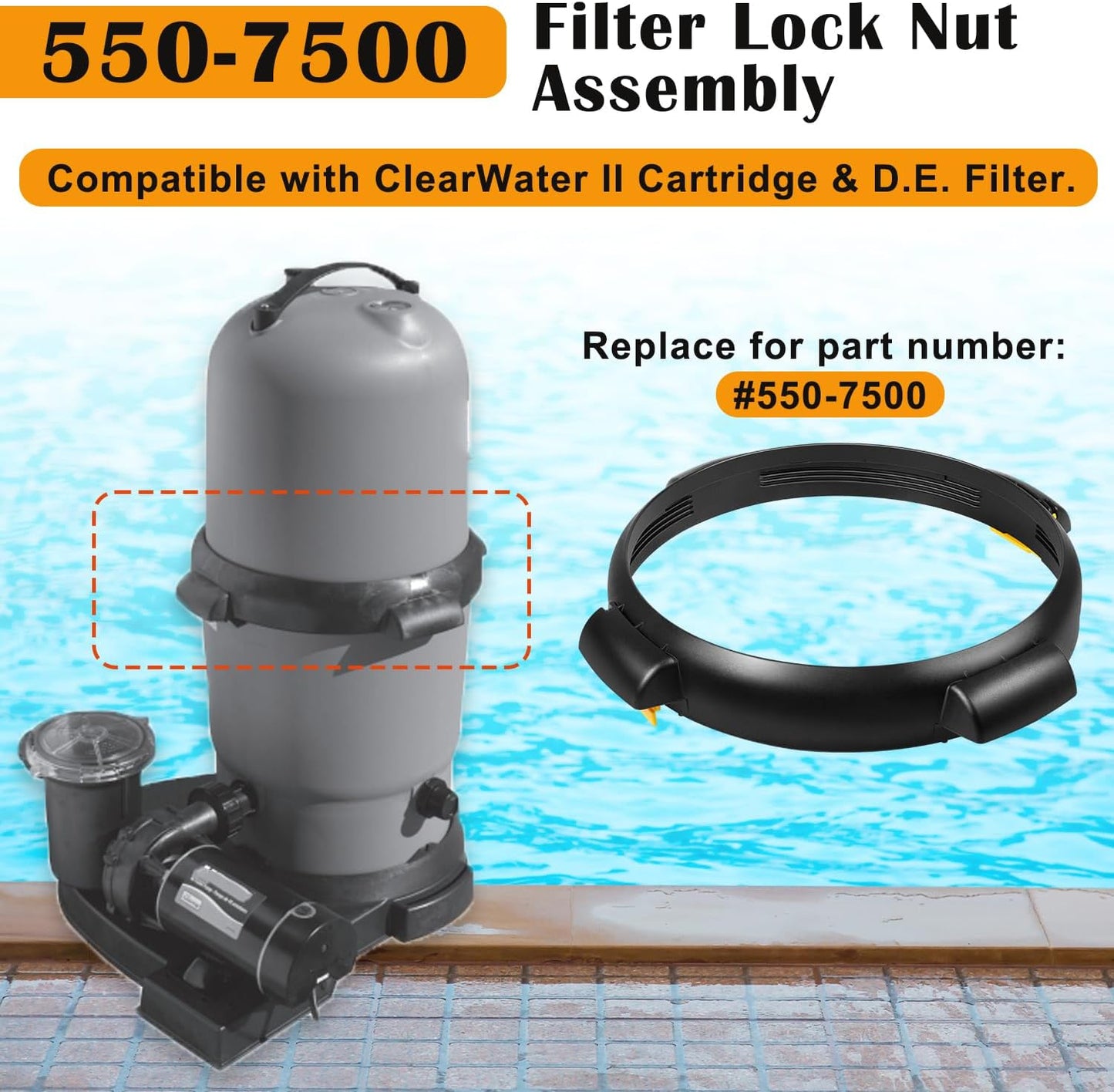 550-7500 Filter Lock Nut Assembly with Ext Lock Tabs Compatible with Clearwater II Cartridge Filter and D.E. Filter, Replacement for Part Number 550-7500,550-2060, 550-2075