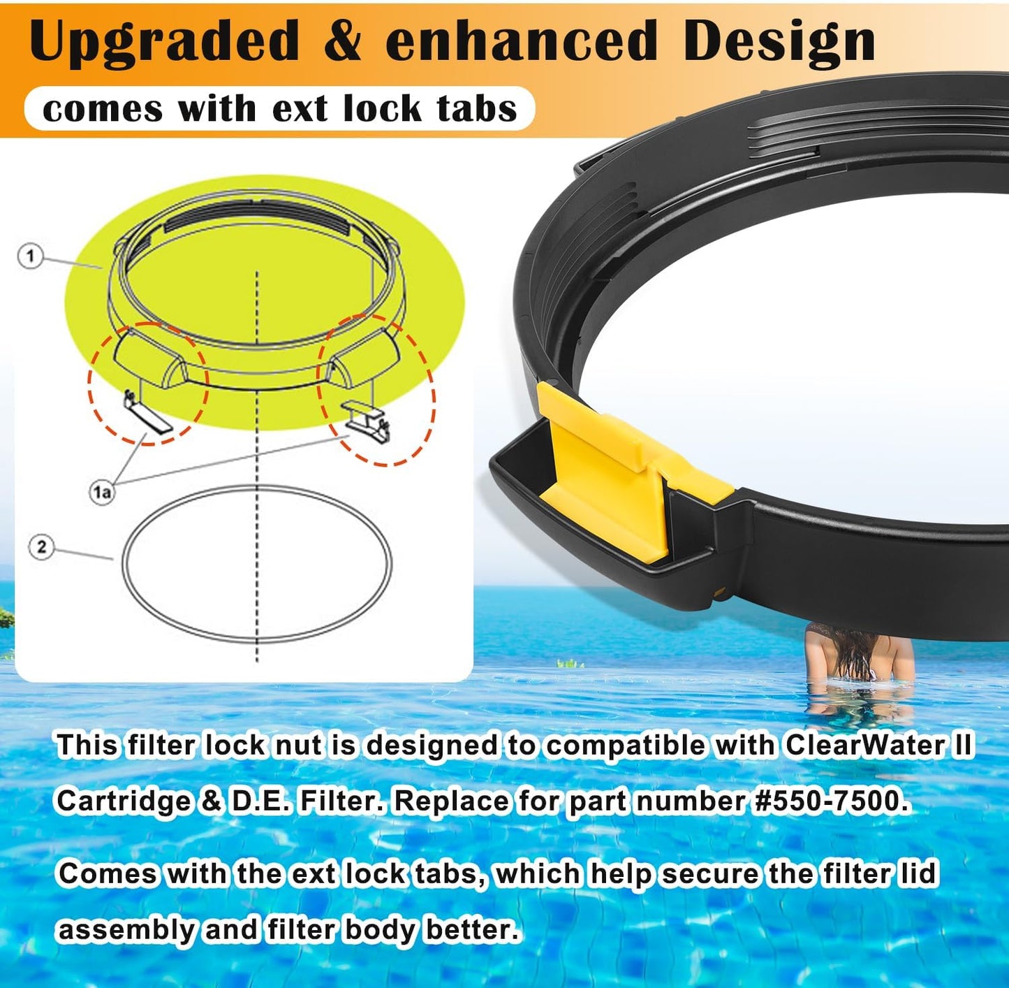 550-7500 Filter Lock Nut Assembly with Ext Lock Tabs Compatible with Clearwater II Cartridge Filter and D.E. Filter, Replacement for Part Number 550-7500,550-2060, 550-2075