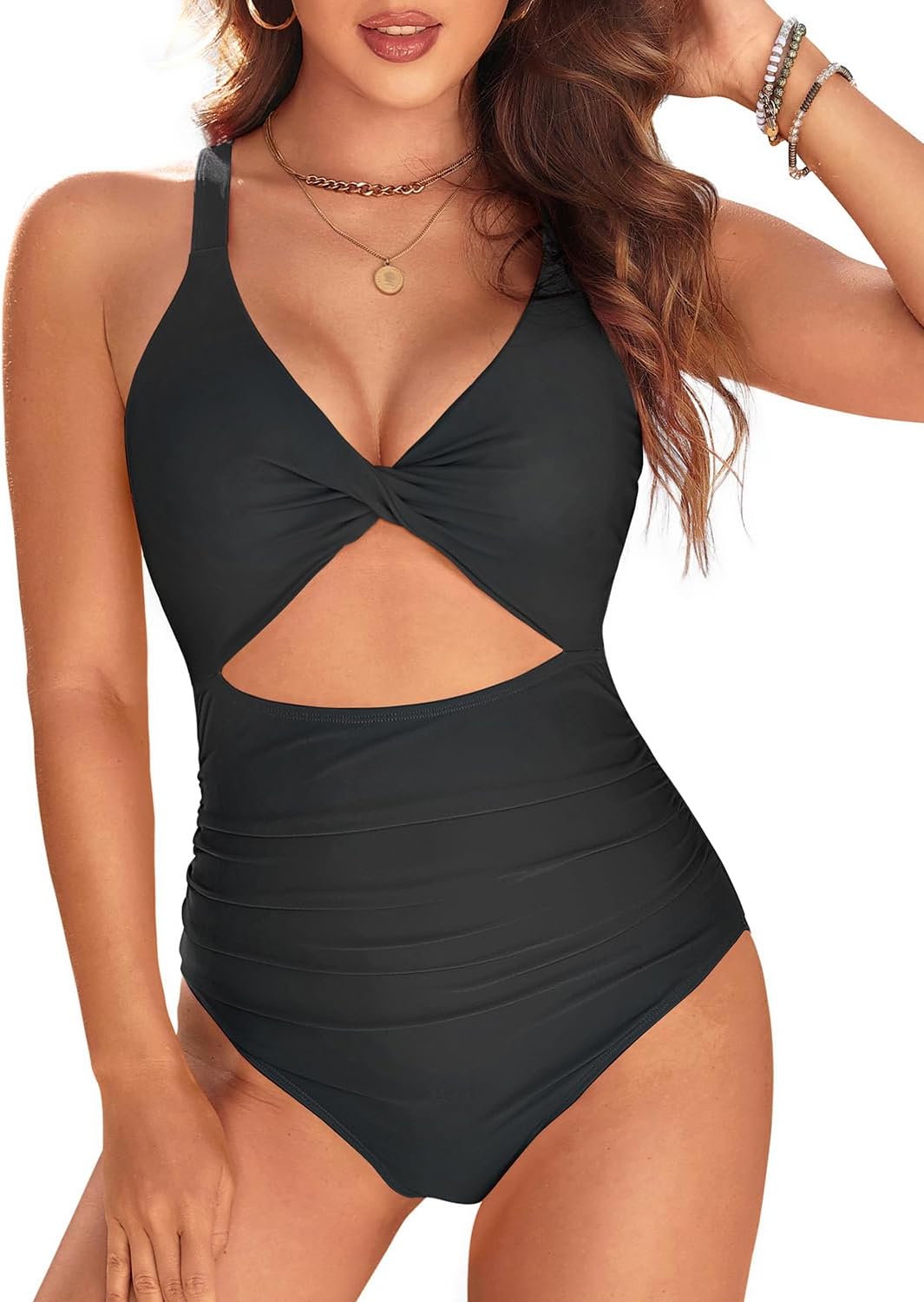 Tempt Me Women One Piece Swimsuits Tummy Control Cutout Bathing Suits Ruched V Neck Twist Front Swimwear (medium)