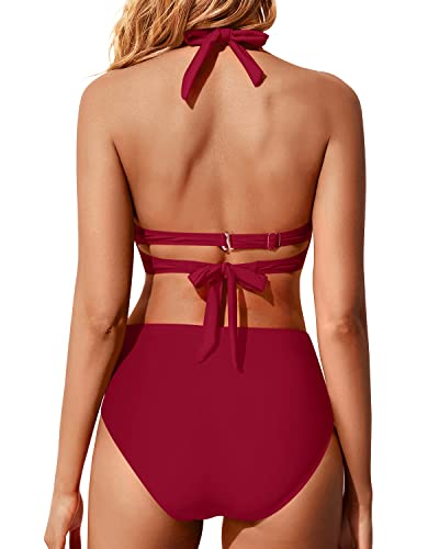 Holipick Women Red Two Piece Retro Swimsuit Halter Tummy Control High Waisted Bikini with Bottom
