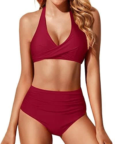 Holipick Women Red Two Piece Retro Swimsuit Halter Tummy Control High Waisted Bikini with Bottom