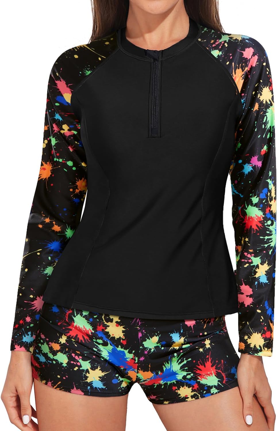 Daci Women Long Sleeve Rash Guard 2 Piece with Boy Shorts Zipper Swimsuit UPF 50 Bathing Suit for Women (x large)