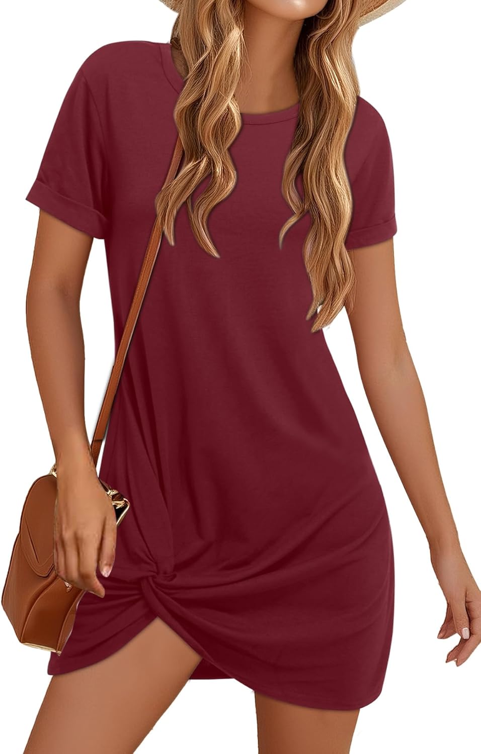 Holipick Casual Summer Dresses Women Twist Knot Front T Shirt Short Sleeve Loose Beach Cover Up Dress (size s)