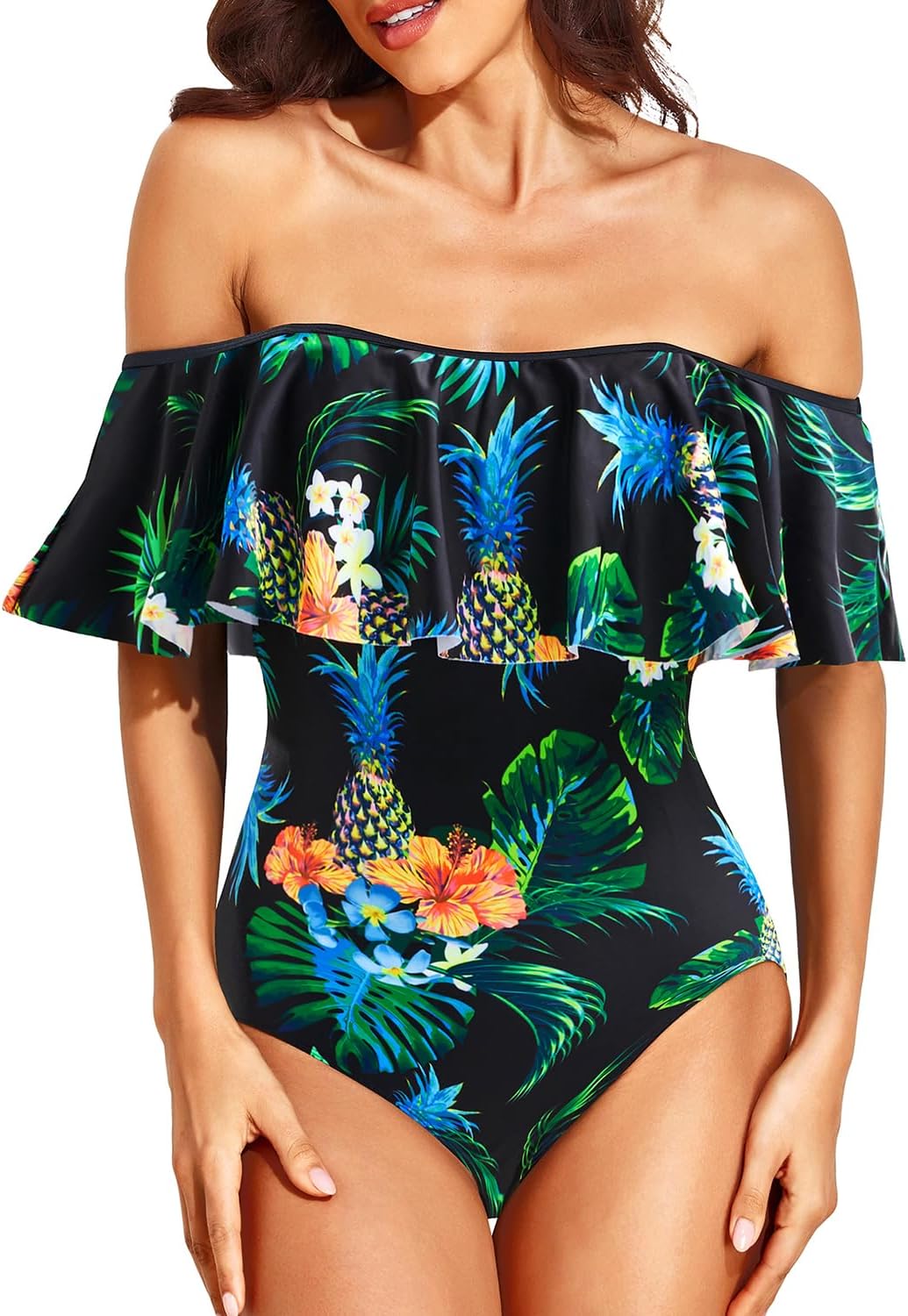 Tempt Me Off Shoulder One Piece Swimsuit for Women Ruffled Sleeves Retro Bathing Suits (l)