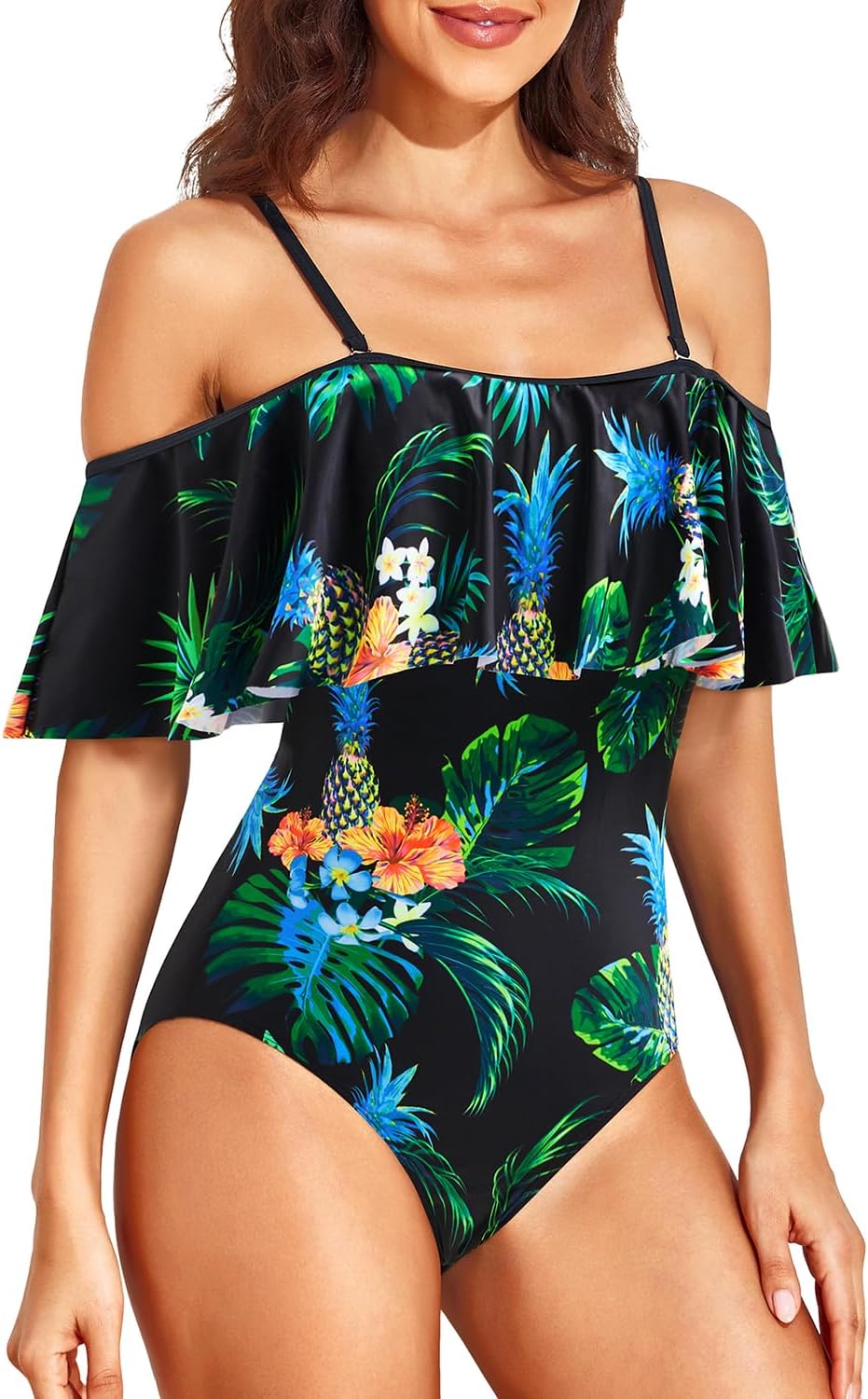 Tempt Me Off Shoulder One Piece Swimsuit for Women Ruffled Sleeves Retro Bathing Suits (l)