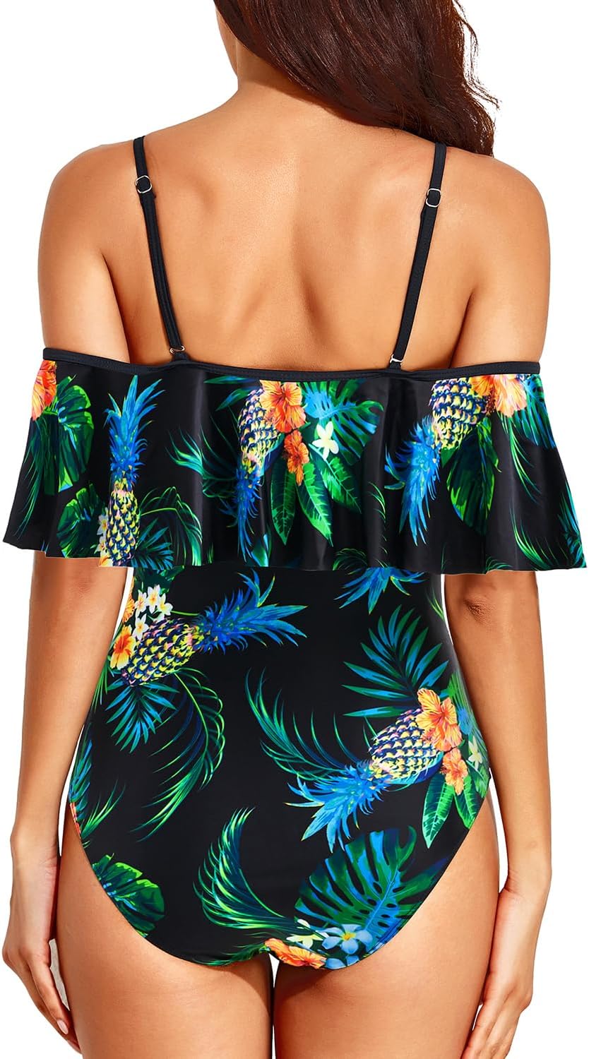 Tempt Me Off Shoulder One Piece Swimsuit for Women Ruffled Sleeves Retro Bathing Suits (l)