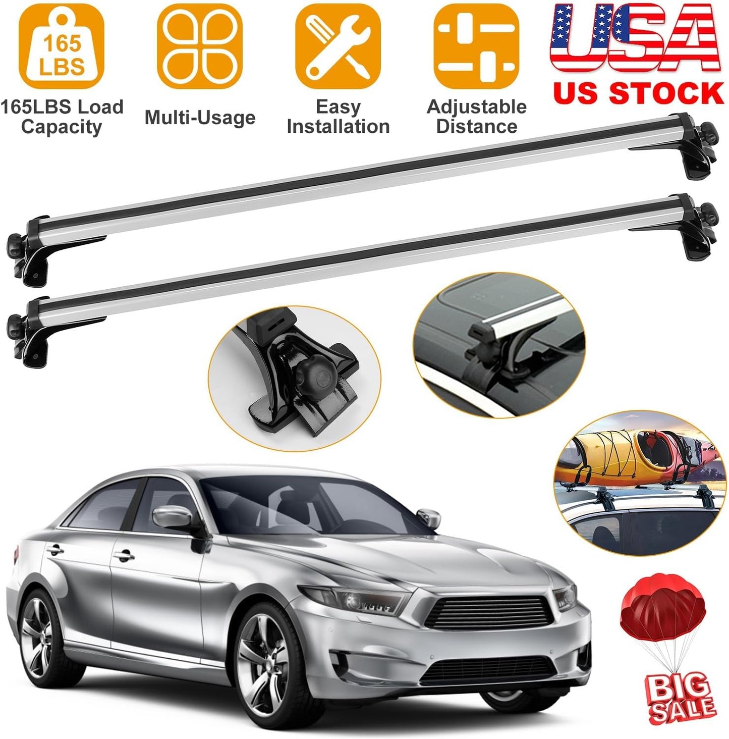 Universal Roof Rack Cross Bars, 48inch Adjustable Aluminum Alloy Car Carrier Rooftop Luggage Crossbars,for Rack, Snowboards, Kayaks, Suitable for Most Vehicle Wagon Car Without Roof Side Rail (similar model)
