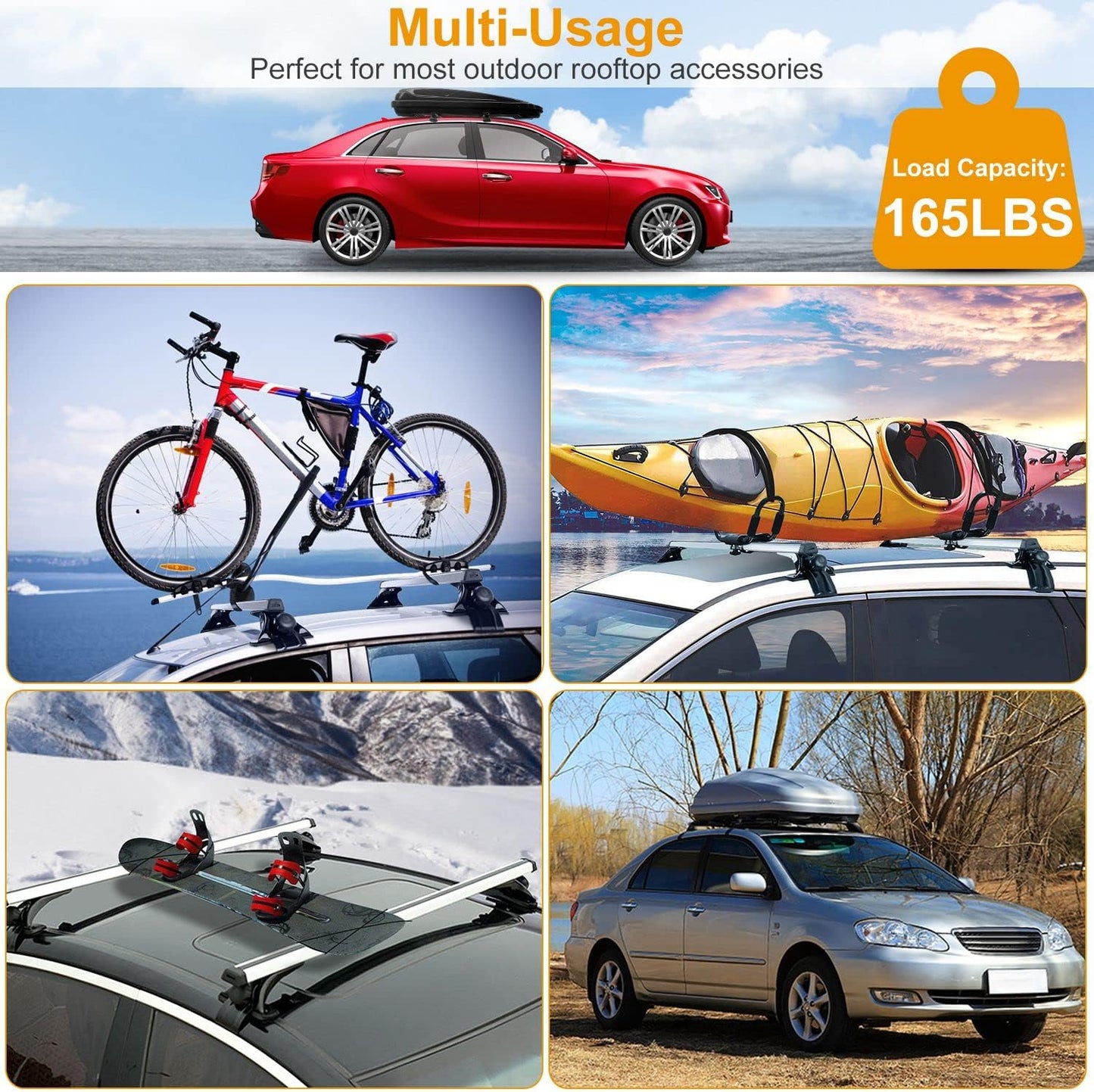 Universal Roof Rack Cross Bars, 48inch Adjustable Aluminum Alloy Car Carrier Rooftop Luggage Crossbars,for Rack, Snowboards, Kayaks, Suitable for Most Vehicle Wagon Car Without Roof Side Rail (similar model)