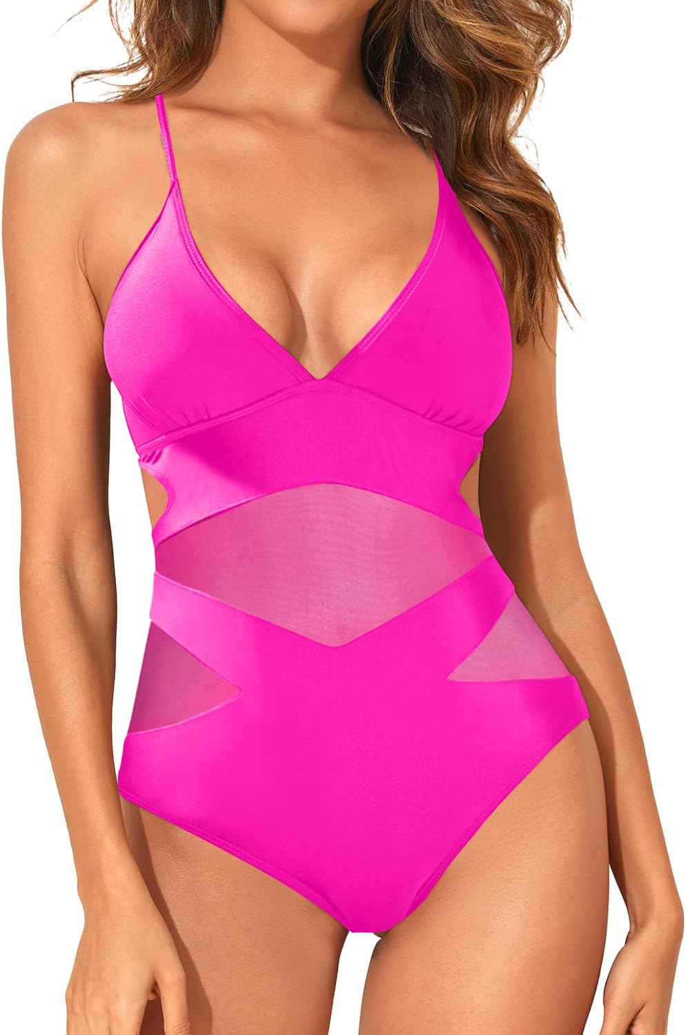 Holipick Women Sexy One Piece Swimsuits Mesh High Waisted Bathing Suits Plunge V Neck Monokini Cutout Swimwear (large)