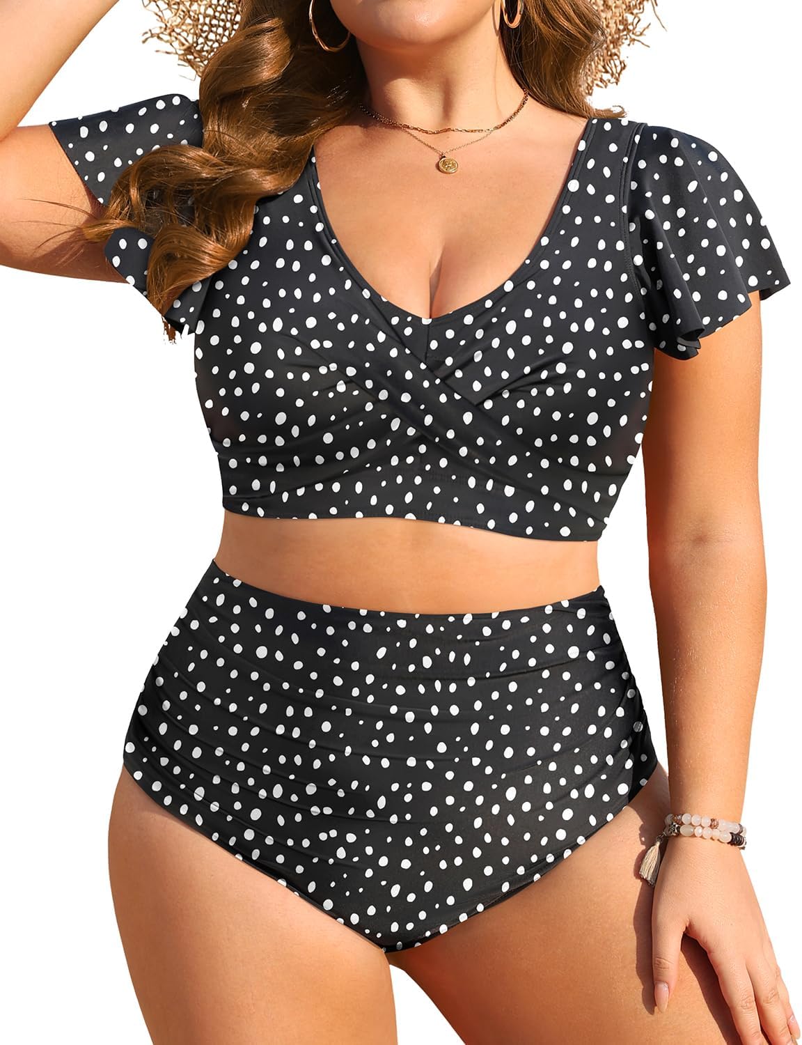 Plus Size Two Piece Swimsuits - High Waisted Bikini with Sleeves for Women Bathing Suit Swimwear Black and White Dot 22 Plus (22w)