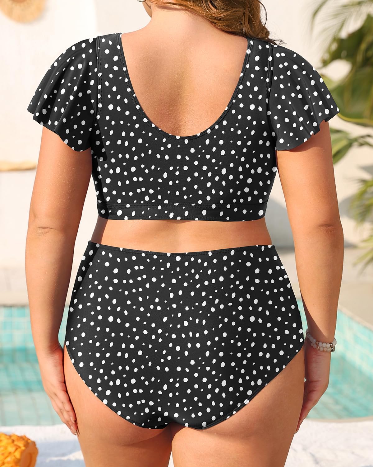 Plus Size Two Piece Swimsuits - High Waisted Bikini with Sleeves for Women Bathing Suit Swimwear Black and White Dot 22 Plus (22w)