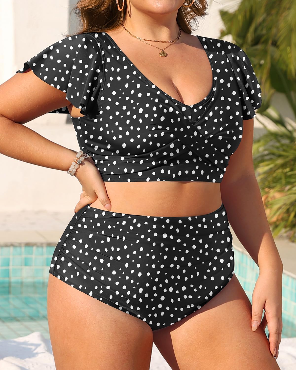 Plus Size Two Piece Swimsuits - High Waisted Bikini with Sleeves for Women Bathing Suit Swimwear Black and White Dot 22 Plus (22w)