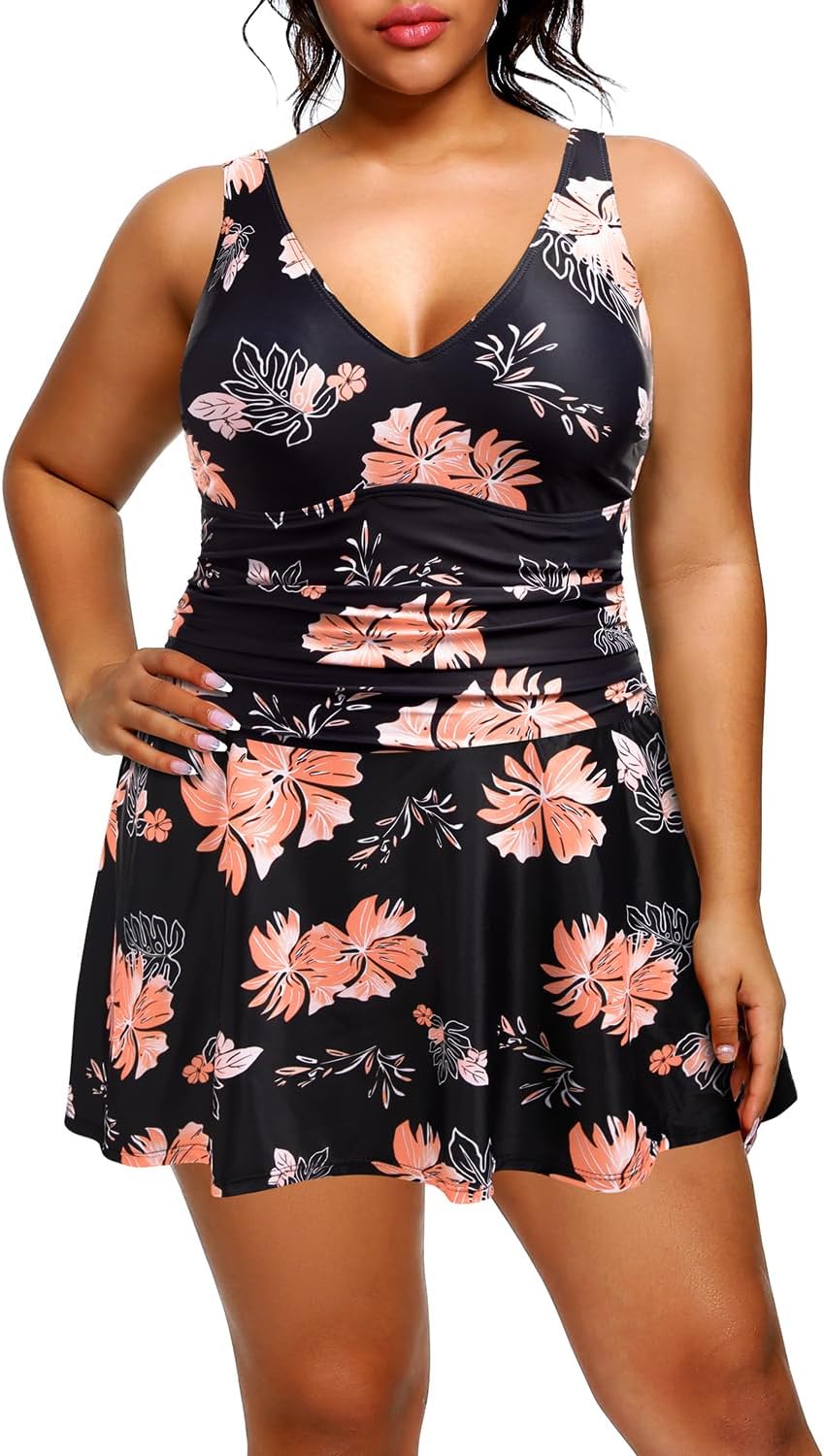 Holipick Women Plus Size One Piece Swim Dress Tummy Control Swimsuit with Skirt (floral 18w)
