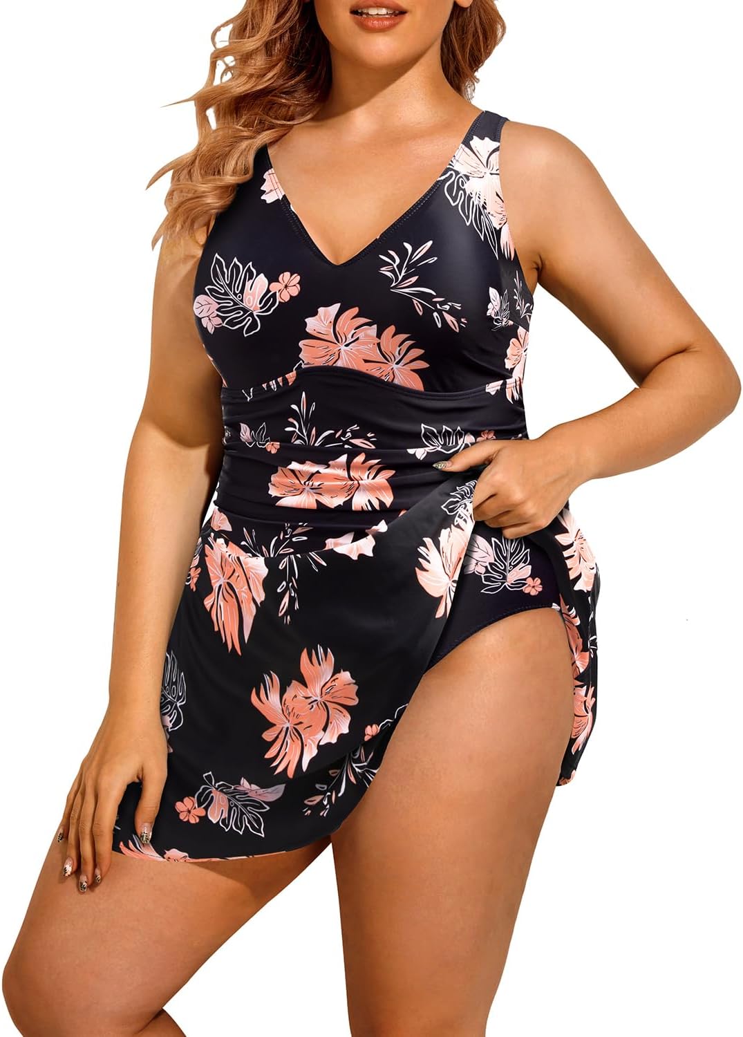 Holipick Women Plus Size One Piece Swim Dress Tummy Control Swimsuit with Skirt (floral 18w)