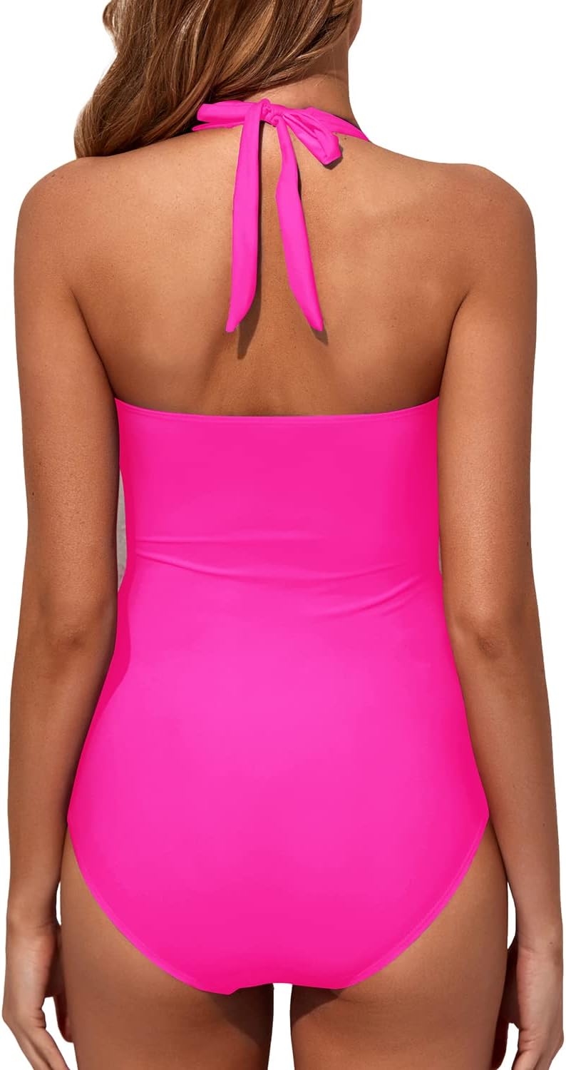 Tempt Me Women Tummy Control One Piece Swimsuits Push Up Slimming Bathing Suits Halter Vintage Swimwear (22w)