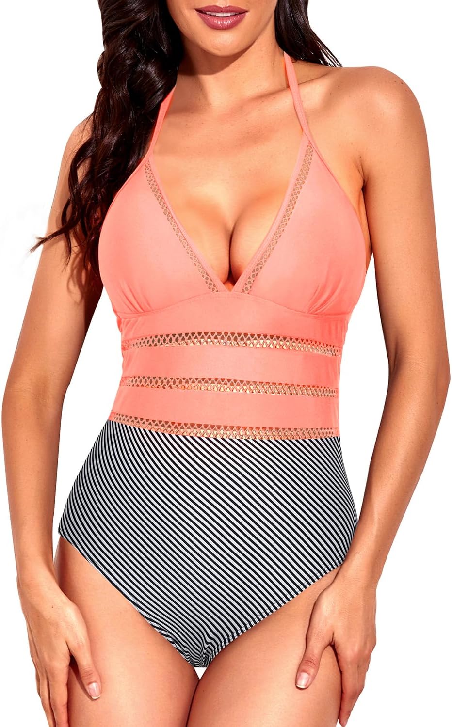 Tempt Me Women One Piece Mesh Swimsuit Sexy Strapless Bandeau Bathing Suits Lace Hollow Out Swimwear (l)
