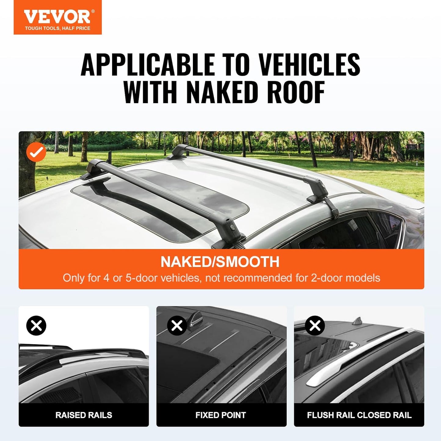VEVOR Universal Roof Rack Cross Bars, Aluminum Roof Rack Crossbars, Fit Roof Without Side Rail, 155 lbs Load Capacity, Adjustable Bare Roof Crossbars with Locks, for SUVs, Sedans, and Vans