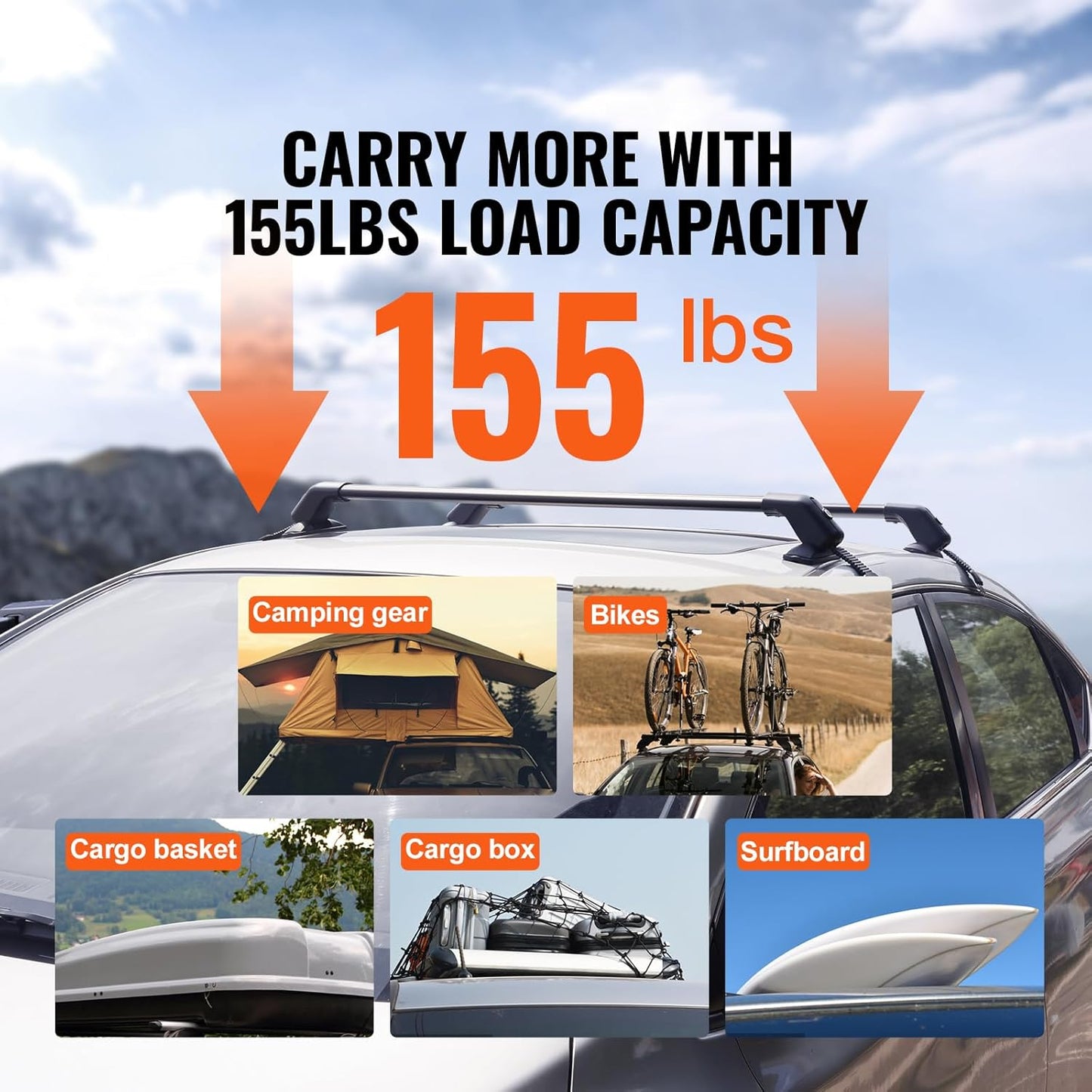 VEVOR Universal Roof Rack Cross Bars, Aluminum Roof Rack Crossbars, Fit Roof Without Side Rail, 155 lbs Load Capacity, Adjustable Bare Roof Crossbars with Locks, for SUVs, Sedans, and Vans
