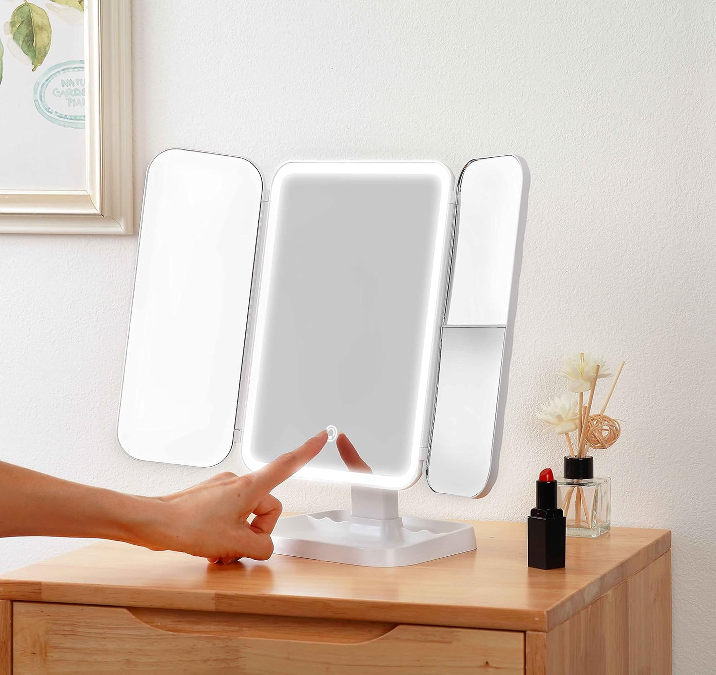 Miss Sweet Lighted Tri-fold Makeup Mirror Vanity Mirror with 1X/2X/3X Magnification (Pure White)