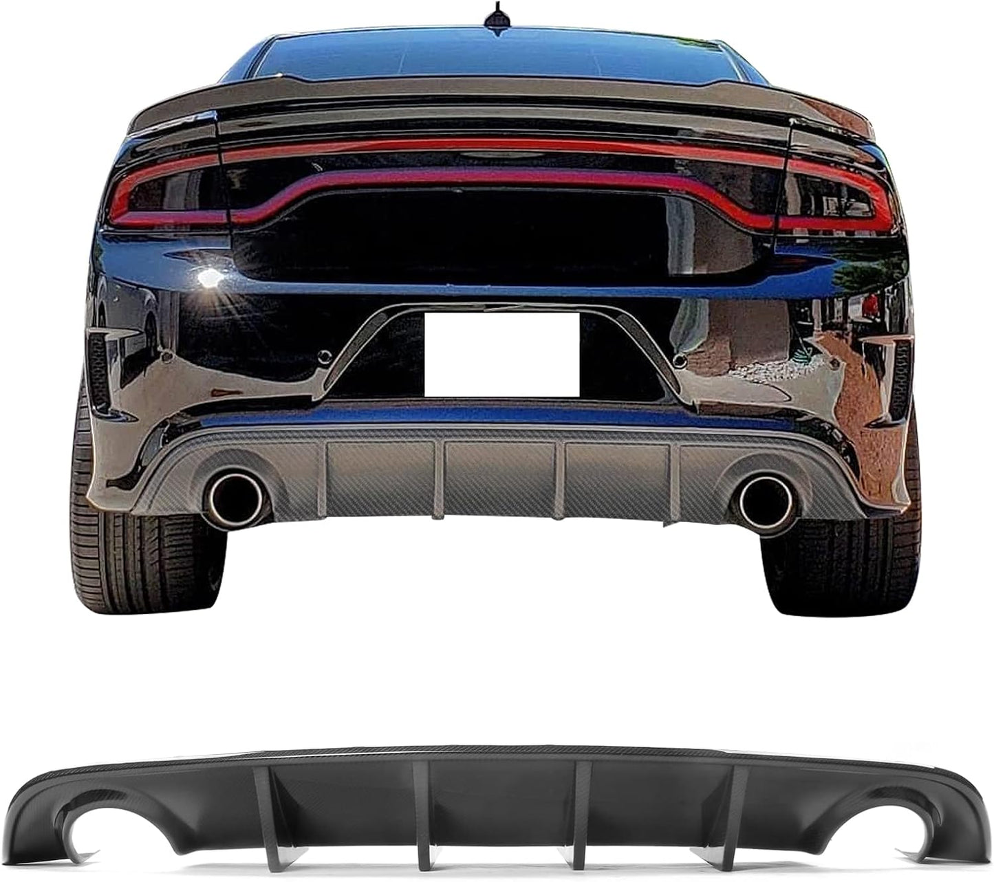 IKON MOTORSPORTS, Rear Diffuser Compatible with 2015-2023 Dodge Charger, Rear Lower Bumper Lip Diffuser Spoiler Bodykit IKON V3 Style CF Carbon Fiber, 2016 2017 2018 2019 2020 2021