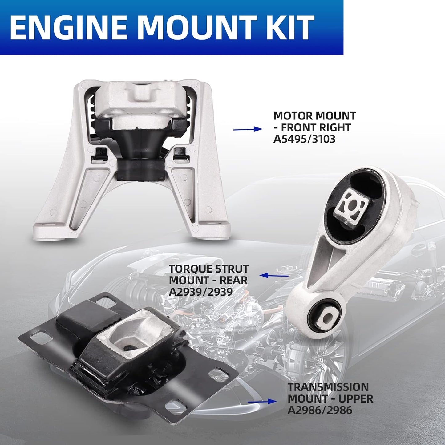 Engine Motor Mount Set 3pcs - Fits for 2005 2006 2007 Ford Focus 2.0L & 2003-2007 Ford Focus 2.3L & 2010-2013 Transit Connect 2.3L, A5495 A2939 A2986