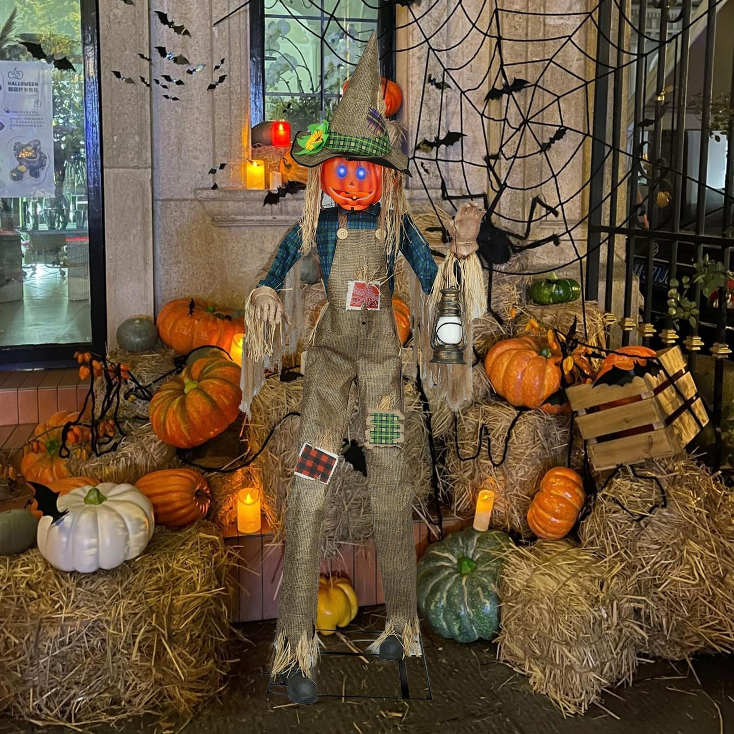 8.5Ft Giant Halloween Nefario Scarecrow Decor Animatronic,Haunted House Decor,Talking Pumkin Man Décor,LED Moving Eyes,Outdoor Indoor Spooky Party Decoration,Halloween Decor Graveyard Props