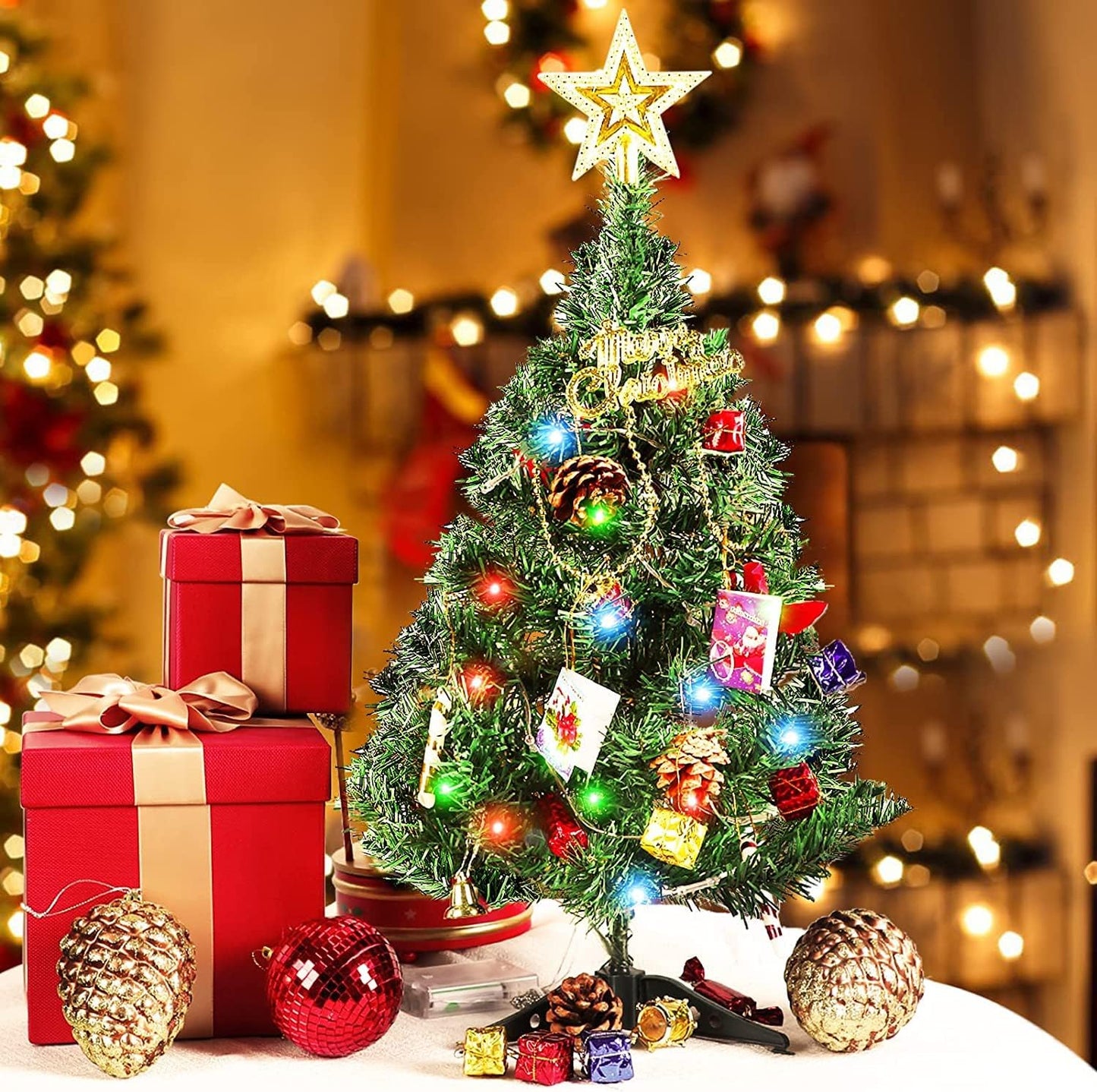 Mini Christmas Tree Artificial Small Christmas Tree with LED Lights Table Top Little 24" 60cm Decor Tabletop Xmas Tree Decorations