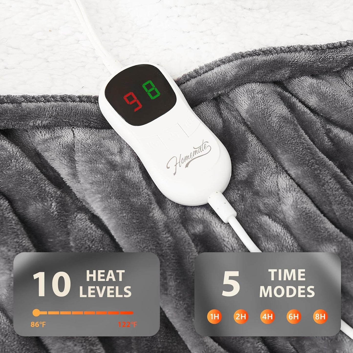 Homemate Electric Heated Blanket Twin - 62"x84" Heating Bed Blankets Throw with 10 Heating Levels 8 Hours Auto Off Fast Heating Over-Heated Protection Ultra Soft Warm Flannel ETL Certified Grey