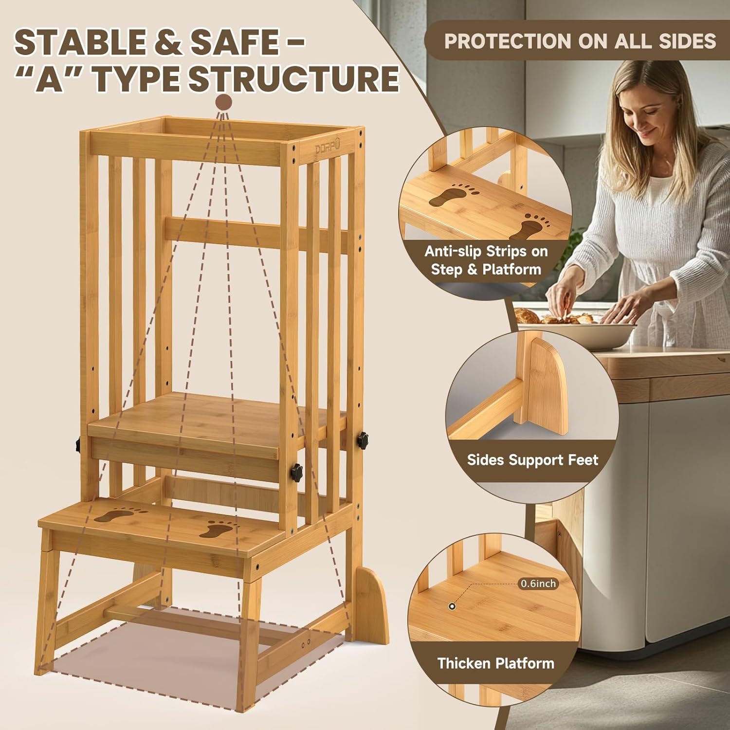 Toddler Step Stool, 3 Adjustable Height Tower Anti-tip Safety Learning Kitchen Step Stool for Kids (Natural)