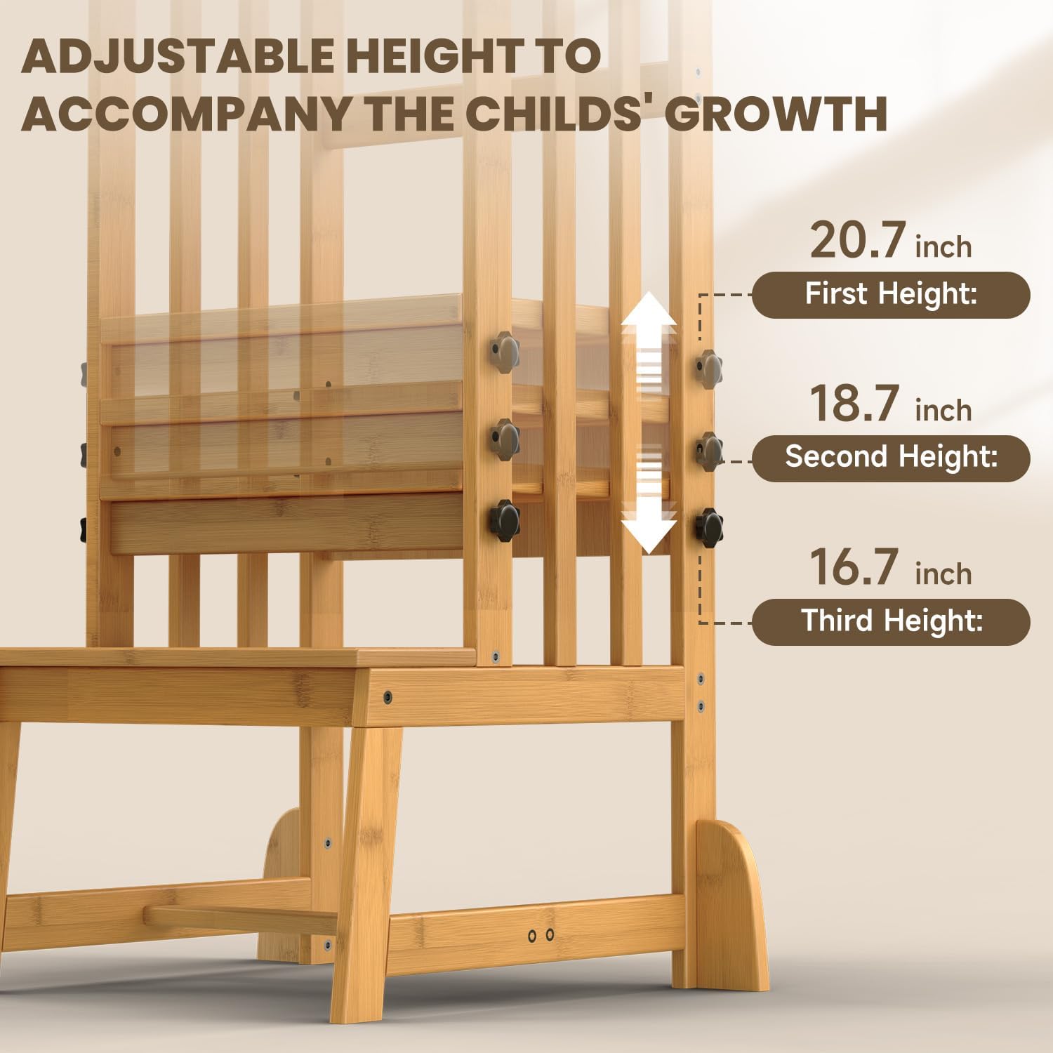 Toddler Step Stool, 3 Adjustable Height Tower Anti-tip Safety Learning Kitchen Step Stool for Kids (Natural)