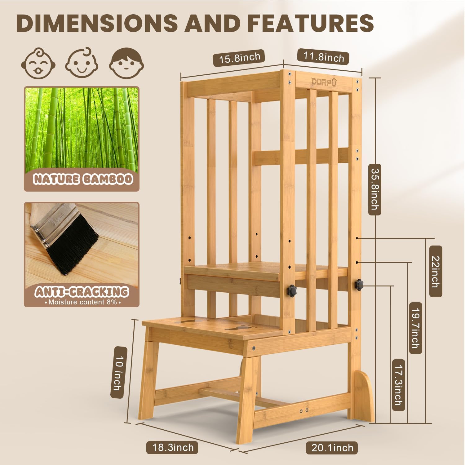 Toddler Step Stool, 3 Adjustable Height Tower Anti-tip Safety Learning Kitchen Step Stool for Kids (Natural)