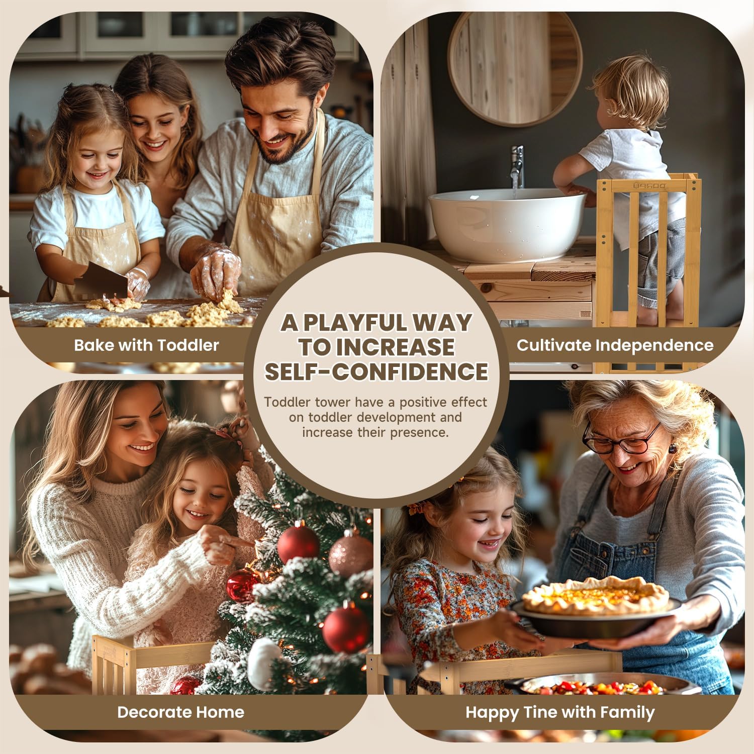 Toddler Step Stool, 3 Adjustable Height Tower Anti-tip Safety Learning Kitchen Step Stool for Kids (Natural)