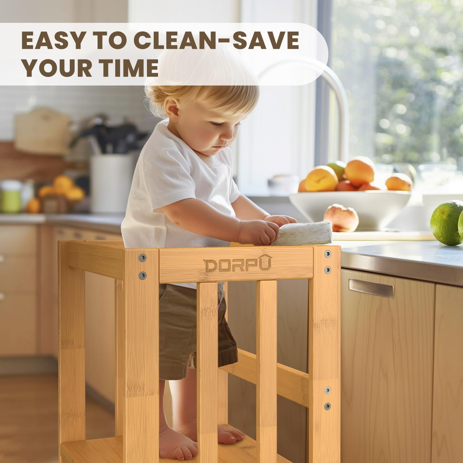 Toddler Step Stool, 3 Adjustable Height Tower Anti-tip Safety Learning Kitchen Step Stool for Kids (Natural)