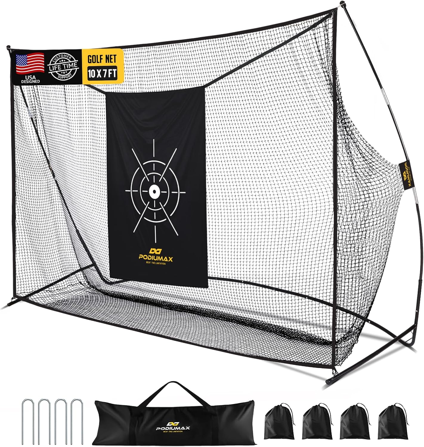PodiuMax Golf Net, 10x7ft Golf Practice Net with Low Noise Silk Target, Hitting Nets for Backyard Garage Driving Real Balls, Improve Driving, Gift for Men & Golfers (similar model)