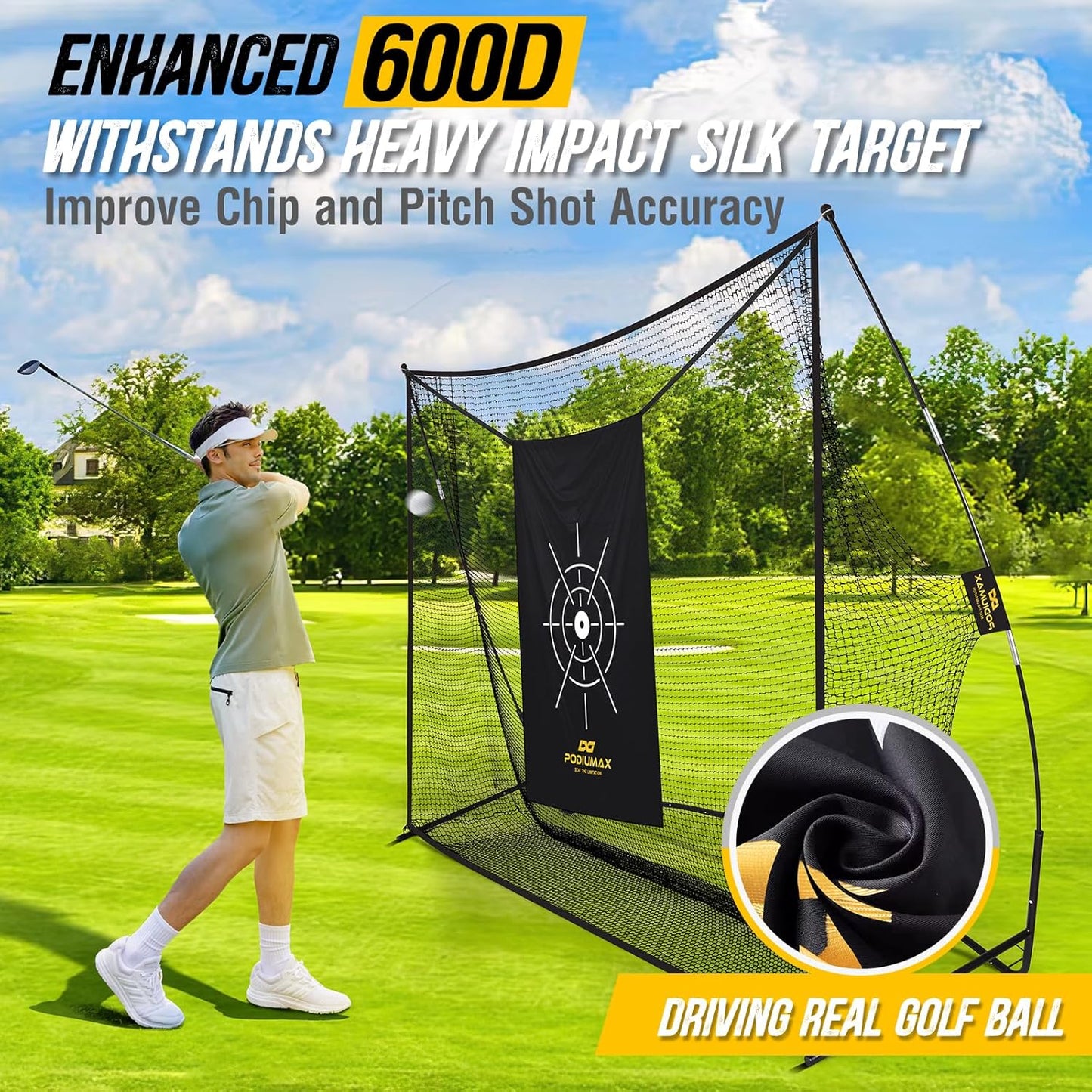 PodiuMax Golf Net, 10x7ft Golf Practice Net with Low Noise Silk Target, Hitting Nets for Backyard Garage Driving Real Balls, Improve Driving, Gift for Men & Golfers (similar model)