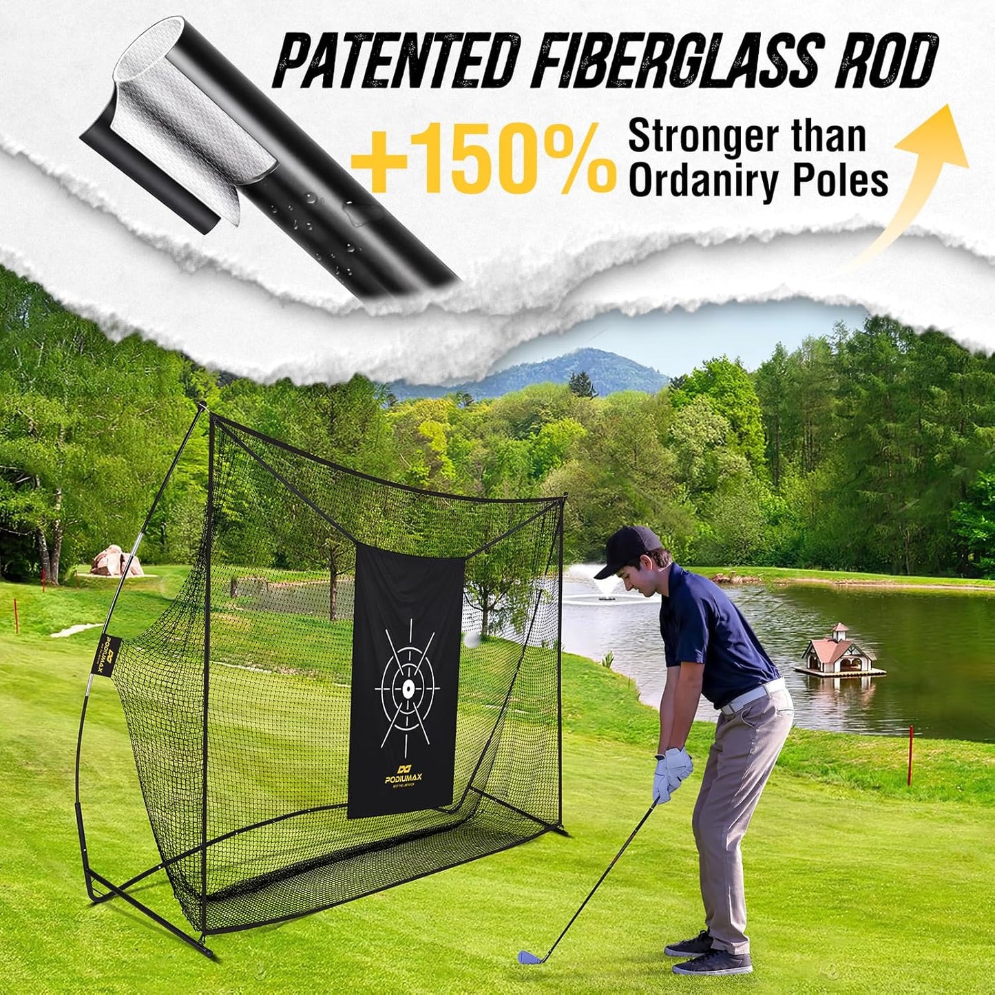 PodiuMax Golf Net, 10x7ft Golf Practice Net with Low Noise Silk Target, Hitting Nets for Backyard Garage Driving Real Balls, Improve Driving, Gift for Men & Golfers (similar model)