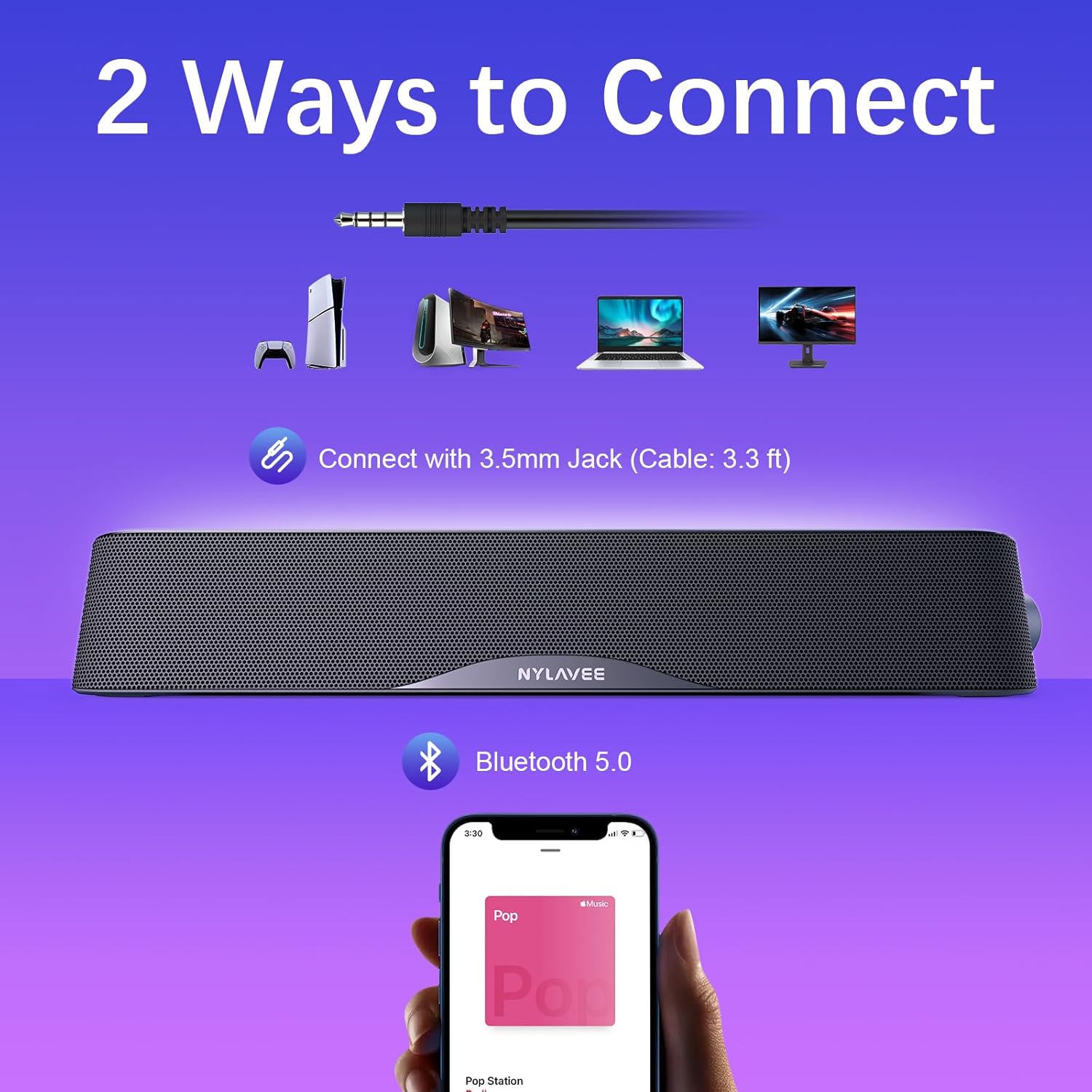 Computer Speakers, HiFi Sound Quality Computer Sound Bar, USB Powered PC Speakers, Bluetooth 5.0 and 3.5mm Aux-in Computer Speakers for Desktop, Laptops, PCs, Phones, Tablets, Xbox, Gaming Speakers (taotronics brand)