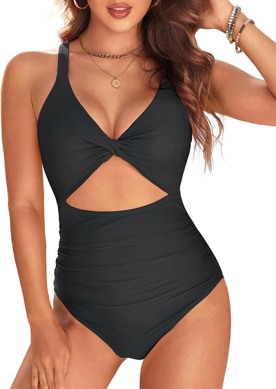 Tempt Me Women One Piece Swimsuits Tummy Control Cutout Bathing Suits Ruched V Neck Twist Front Swimwear (medium)