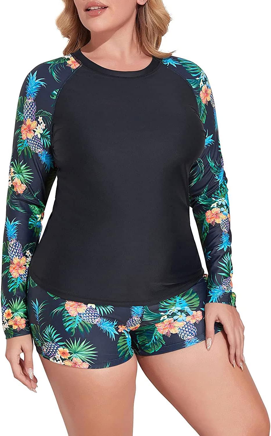 Daci Women Plus Size 2 Piece Long Sleeve Rash Guard Swimsuit Swim Shirts Top UPF 50+ with Boy Short Swimwear (medium)