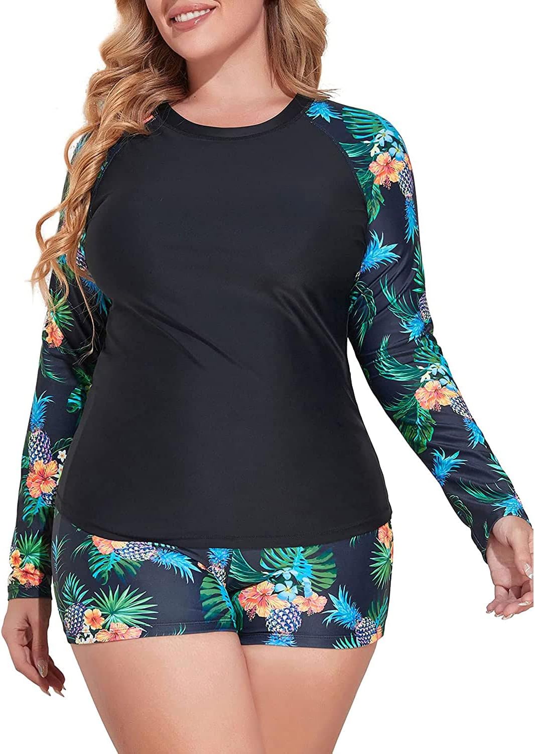 Daci Women Plus Size 2 Piece Long Sleeve Rash Guard Swimsuit Swim Shirts Top UPF 50+ with Boy Short Swimwear (medium)