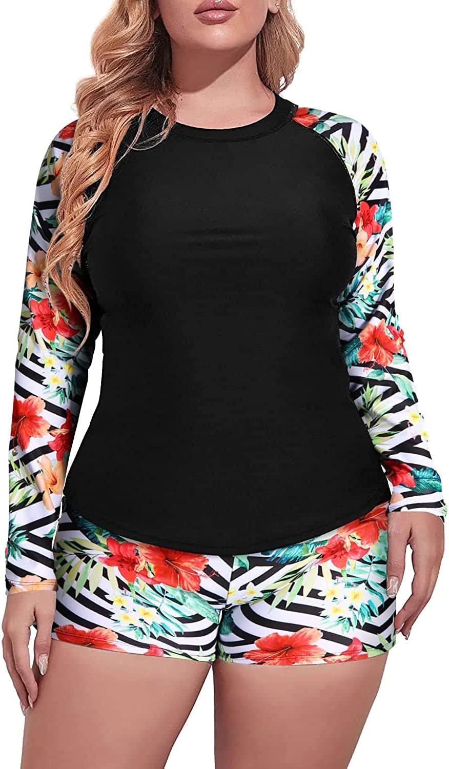 Daci Women 2 Piece Plus Size Long Sleeve Rash Guard Zip Front Athletic Bottom Tankini Swimsuits UPF 50 (20w)