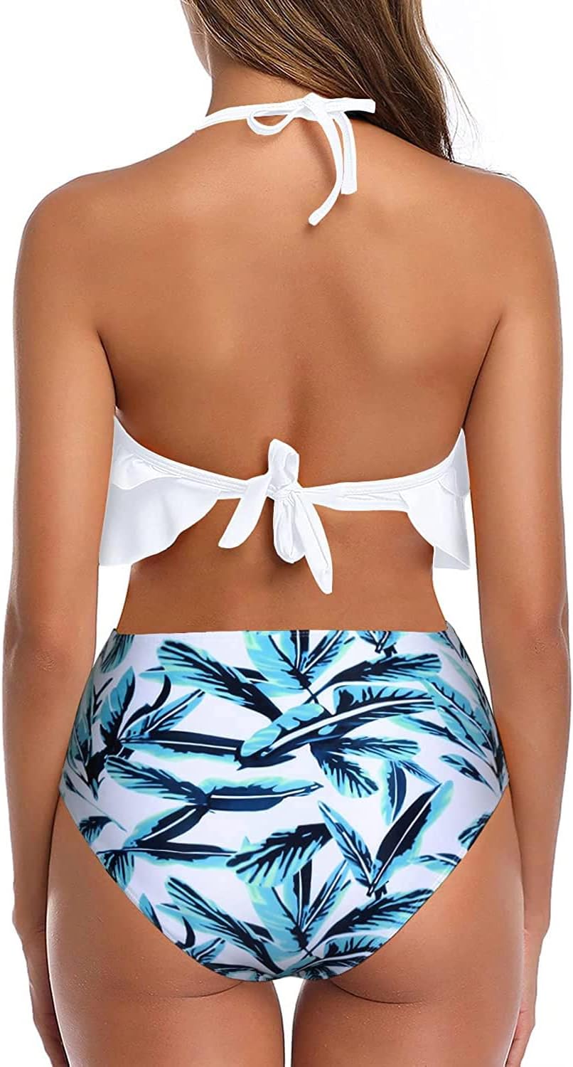 Tempt Me Women Two Piece Swimsuits High Waisted Bikini Teen Ruffle Tummy Control Bottoms Halter Bathing Suits (large)