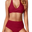Holipick Women Red Two Piece Retro Swimsuit Halter Tummy Control High Waisted Bikini with Bottom