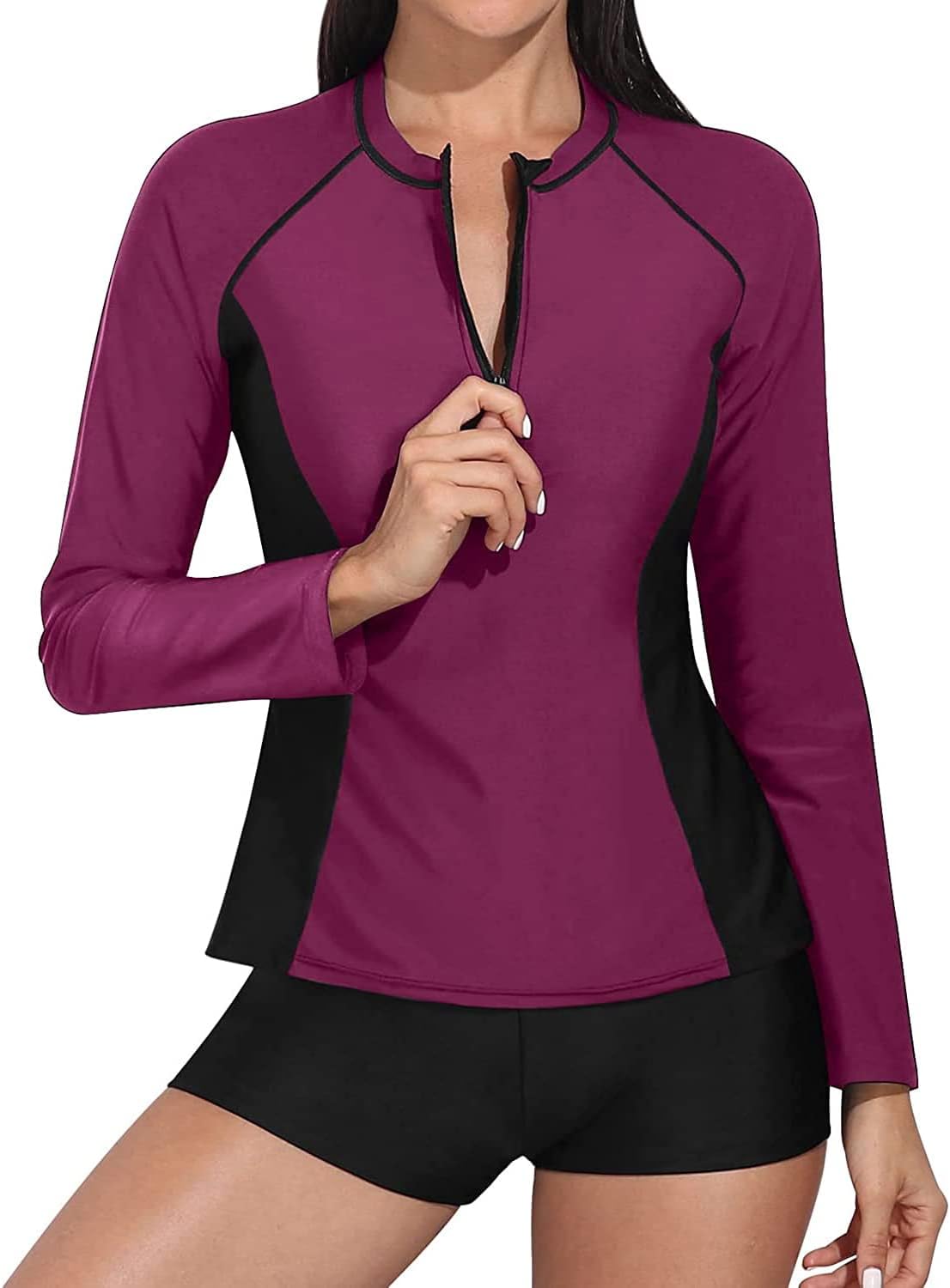 Daci Women Long Sleeve Rash Guard 2 Piece with Boy Shorts Zipper Swimsuit UPF 50 Bathing Suit for Women (large)