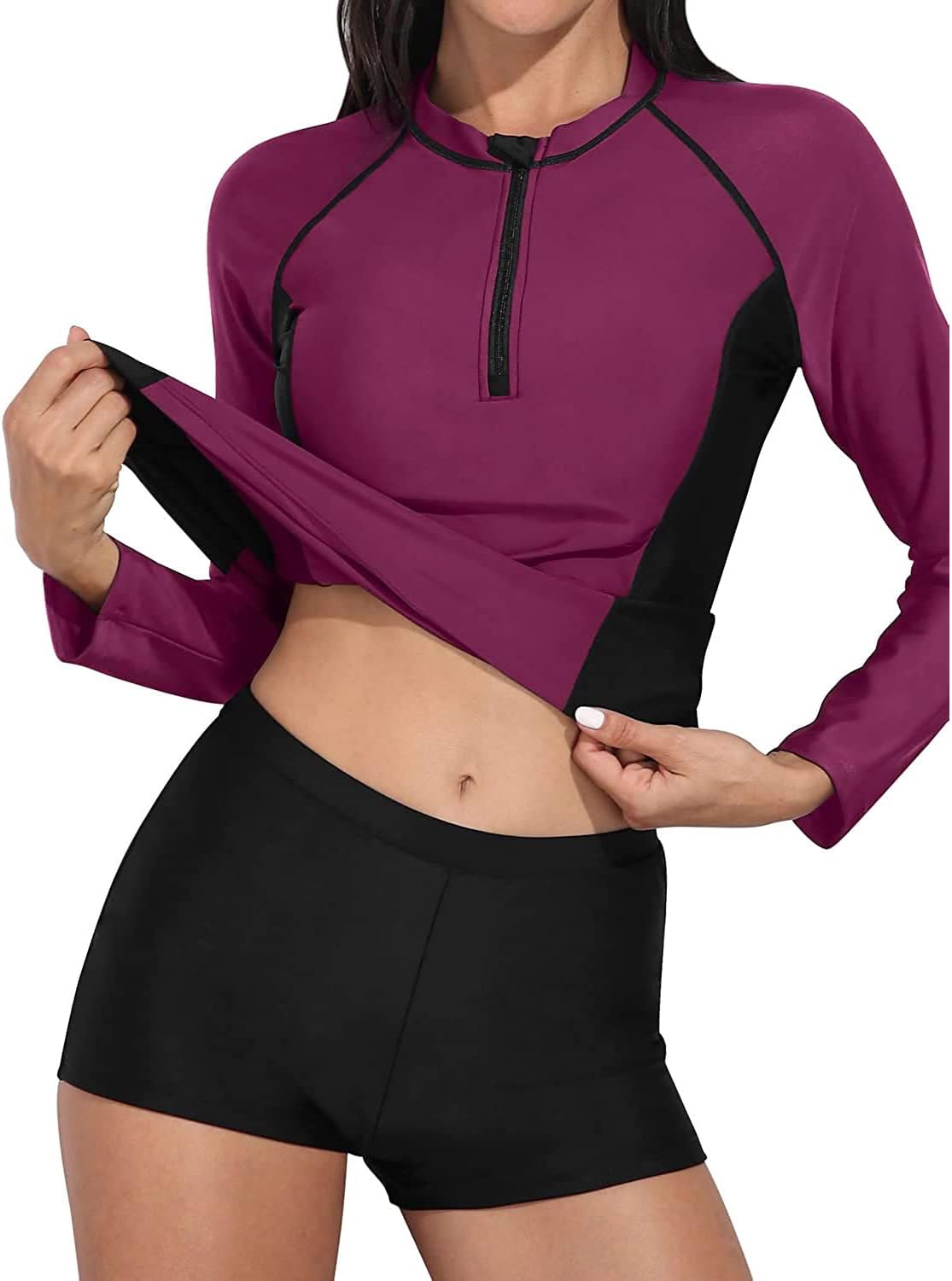 Daci Women Long Sleeve Rash Guard 2 Piece with Boy Shorts Zipper Swimsuit UPF 50 Bathing Suit for Women (large)